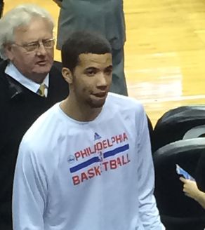 Michael Carter-Williams in 76ers warm-up shirt