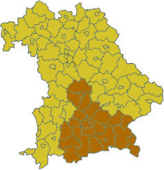 Map of Bavaria highlighting the  Regierungsbezirk of Upper Bavaria