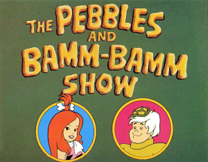 A green title card displaying the name of the television series in a yellow-brown font and two face cutouts of a red haired girl and a white haired guy.