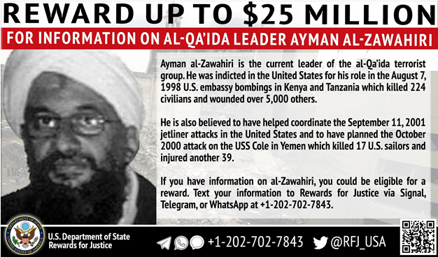 Ayman al-Zawahiri bounty flyer by RFJ