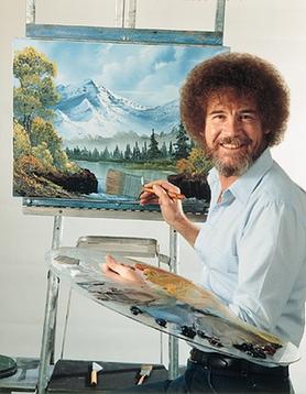 Bob Ross painting a landscape on an easel. The picture includes trees, a river, a mountain, and clouds.
