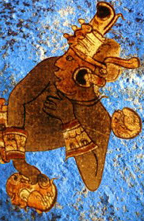 A depiction of a Mayan warrior. Mayan kings often went to war. Behind the warrior is a Mayan blue background.