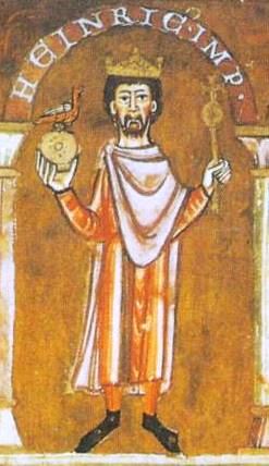 A miniature depicting a bearded man wearing a crown and holding a sceptre and an orb