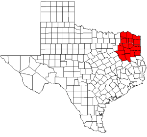 Northeast Texas counties in red