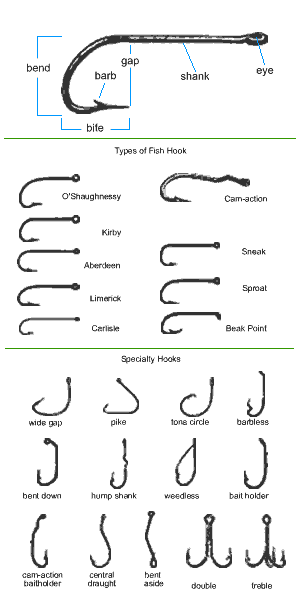 Information on fishing hooks, types and sizes