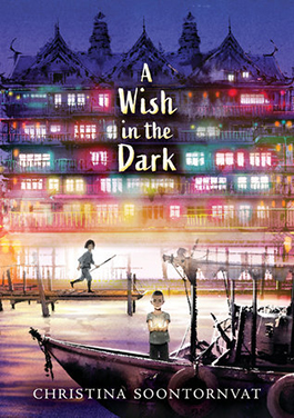 Book cover depicting a boy standing in a boat, a girl on the pier behind him, against the backdrop of a luminous mansion