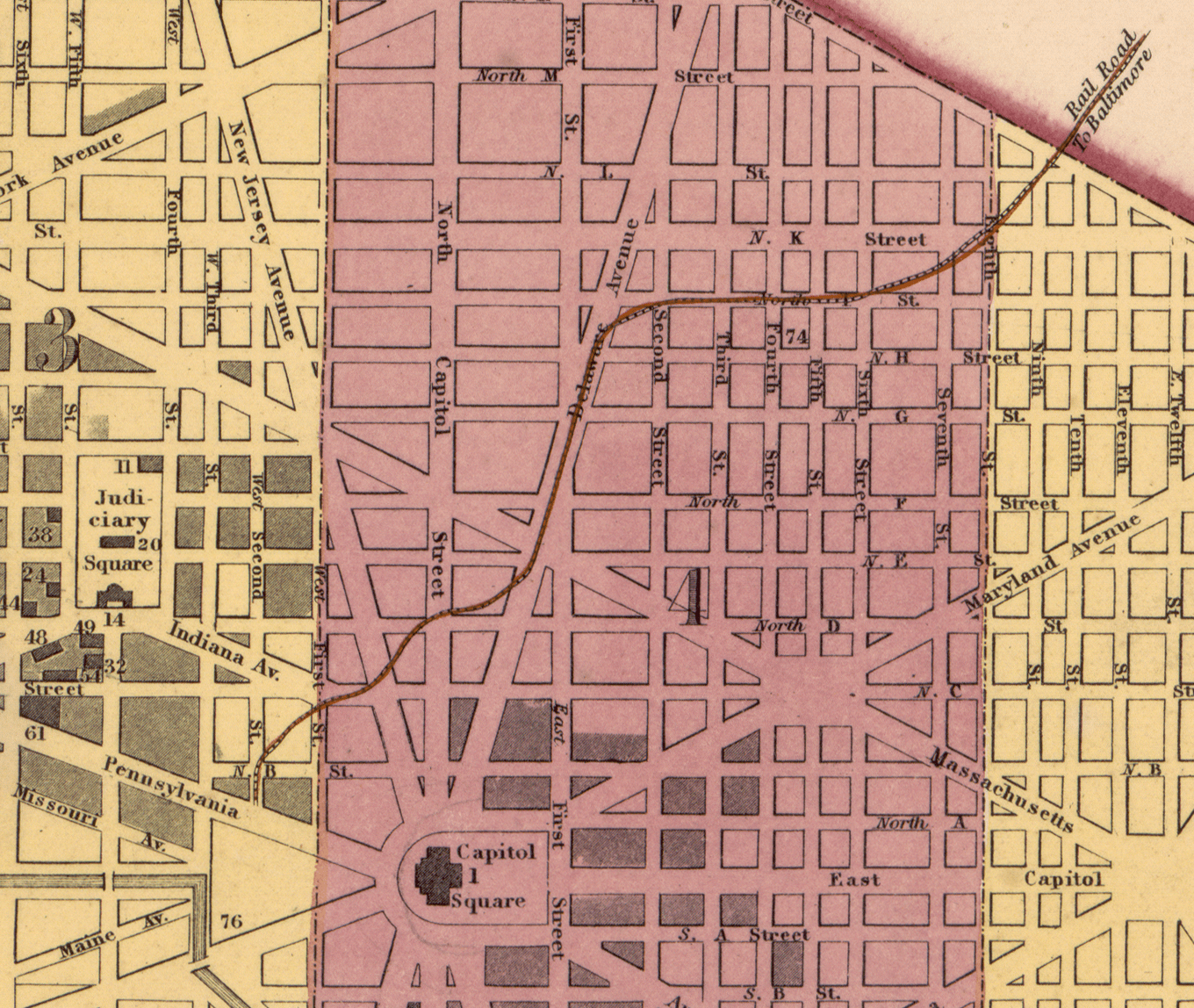 Image Detail of a 1851 Map of Washington, DC showing the layout of the