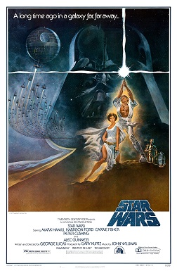 Film poster showing Luke Skywalker holding a lightsaber in the air, Princess Leia kneeling beside him, and R2-D2 and C-3PO behind them. A figure of the head of Darth Vader and the Death Star with several starfighters heading towards it are shown in the background. Atop the image is the tagline "A long time ago in a galaxy far, far away..." On the bottom right is the film's logo, and the credits and the production details below that.
