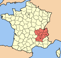 Rhones Alpes region with Ardeche, Drome, Isere and Savoie highlighted