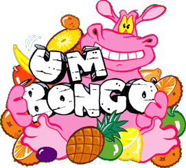 Pink hippopotamus surrounded by fruit, holding the words "Um Bongo"