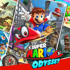 The icon art shows Mario, a cartoon-like mustachioed man, jumping and throwing his anthropomorphic hat Cappy towards the viewer. Behind them is a collage consisting of screenshots from different areas from the game, including a large picture of an urban location.