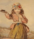 Watercolour portrait of a young girl wearing a hat with blue and red wildflowers. She is offering grapes from a plate with her right hand, and her left hand is touching her throat. In the background is a mountainous landscape, with a wooden house with two active chimneys on the right.