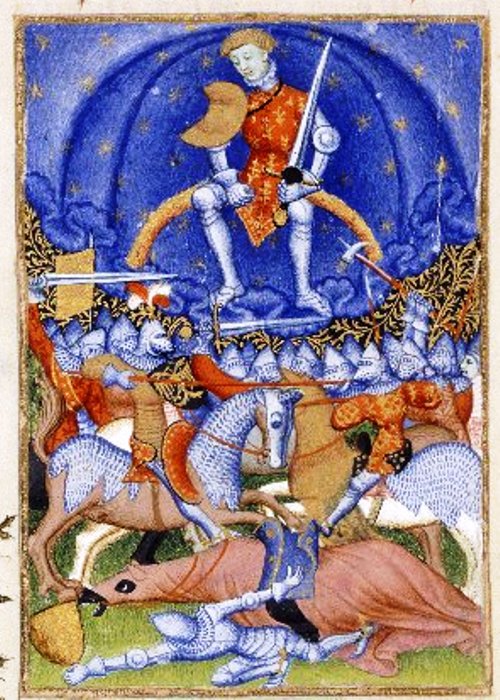Medieval representation of Mars. Sitting on a rainbow with a sword and a sceptre, he "excites men to war".