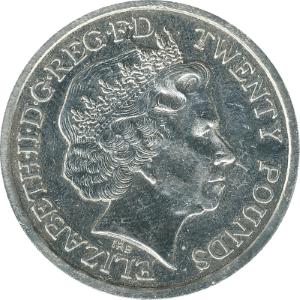 British twenty pound coin 2013 obverse.png