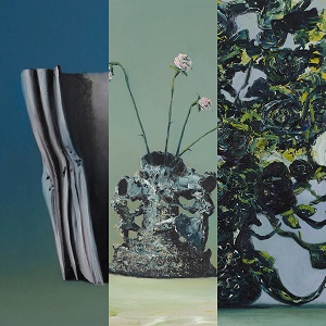 A collage of an unravelling scroll, a flower pot, and a distorted vase.