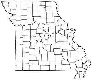 Map of the state of Missouri with a dot indicating the unincorporated community of Adair