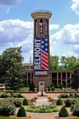 Belmont University Tower with Town Hall Presidential Debate Banner