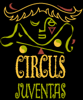 An abstract face rendered in green, yellow, and purple over a black background, above the words "Circus Juventas"