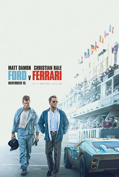 Movie poster for Ford v Ferrari showing Matt Damon and Christian Bale standing by a race car