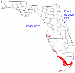 The distribution of the mangrove community in Florida is shown in red. Cedar Keys and Ponce de Leon Inlet are the northern limits of the mangrove community.