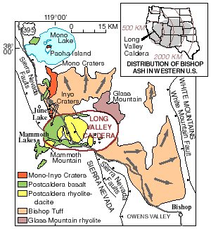 Map of directional flow from a large oval labeled "Long Valley Caldera." Glass Mountain is on one side of the oval and Mammoth Mountain is on the other. North of the oval are the Inyo Craters, Mono Craters and Mono Lake. Colors are used to distinguish the age and type of the volcanic rock. Fault lines are depicted along the Sierra Nevada.