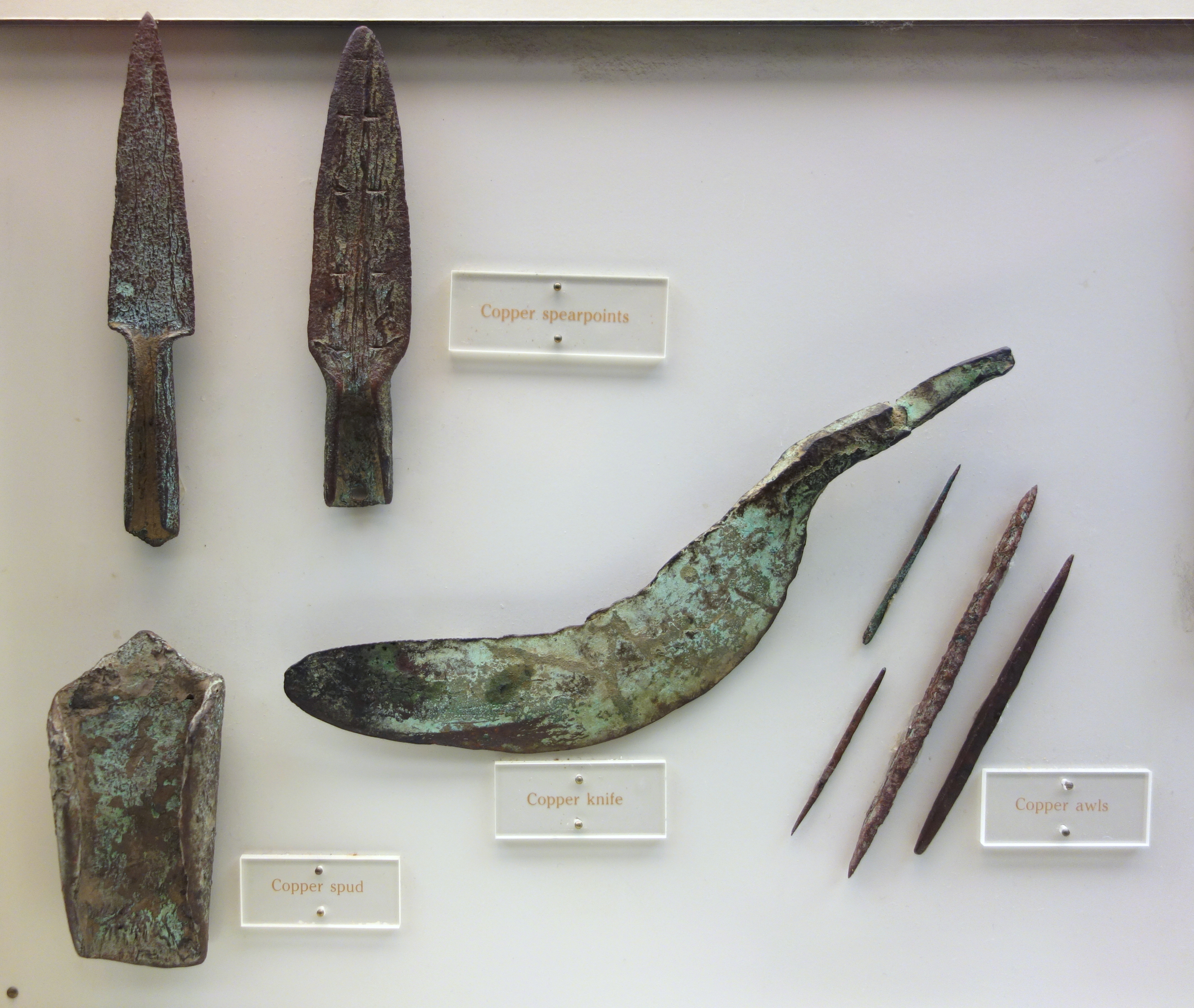 Image Copper knife, spearpoints, awls, and spud, Late Archaic period