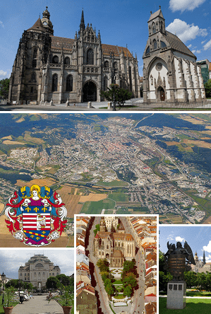 Top: Cathedral of St. Elizabeth and St Michael ChapelCenter: general aerial viewBottom (left to right): State Theater; Center of Hlavná street; Coat of Arms StatueSuperimposed: coat of arms