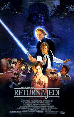 . This poster shows a montage of characters from the movie. In the background, Darth Vader stands tall and dark in front of a reconstructed Death Star; before him stands Luke Skywalker wielding a lightsaber, Han Solo aiming a blaster, and Princess Leia wearing a slave outfit. To the right are an Ewok and Lando Calrissian, while miscellaneous villains fill out the left.