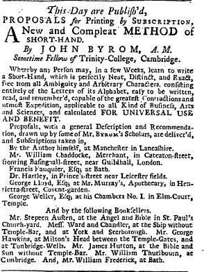 Advert for Byroms Shorthand, Daily Gazetteer (London Edition) 6 May 1741