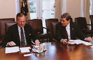 Senator Kit Bond joins President George H. W. Bush in the White House conference room