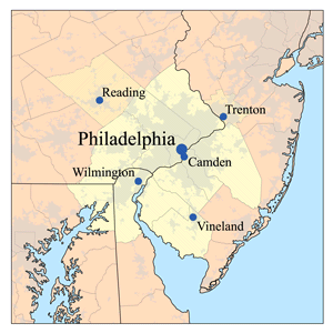 Map of the Lower Delaware Valley Metropolitan Area. In addition to the yellow-shaded area, other parts of South Jersey (namely, Atlantic County and Cape May County) and Delaware (such as Dover) are considered to be part of the Delaware Valley or Philadelphia Metropolitan Area.