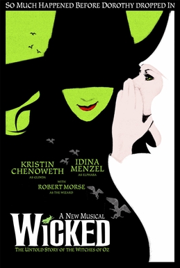 Poster shows a stylized drawing of Elphaba's face, partially obscured by a witch's hat covering the eyes.