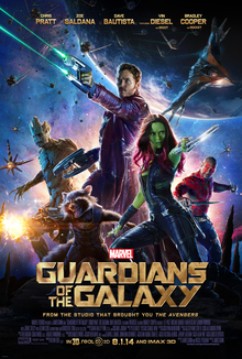 The five Guardians, sporting various weapons, arrayed in front of a backdrop of a planet in space with the film's title, credits and slogan.