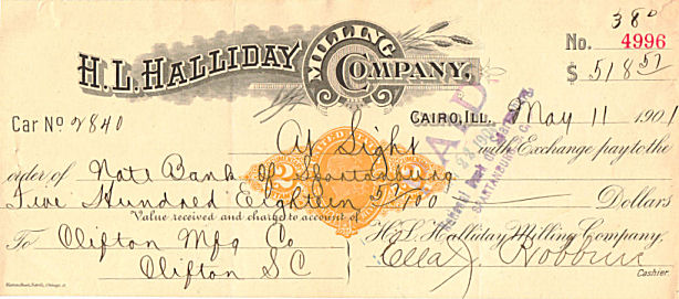 H.L. Halliday Milling Company Check 1901