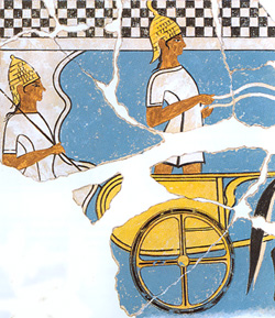 Two Mycenaean chariot warriors on a fresco from Pylos about 1350 BC