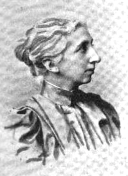 An older white woman with grey hair dressed back in a bun; she is seen in almost profile, wearing a high-collared dress.