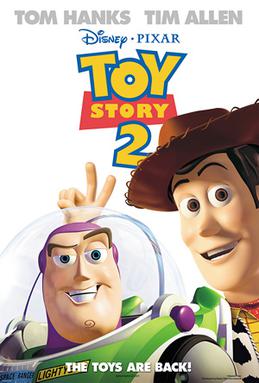The poster features Woody making a V sign with his fingers behind Buzz Lightyear's head. Above them is the film's title below the names of Tom Hanks and Tim Allen. Below is shown "The toys are back!" in all capitals above the production details.