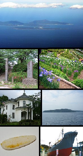 Clockwise from top: View of Mount Kinka from Ojika Peninsula, Makiyama Iris Park, Tashirojima, Ojika Whale Park, Sasa-kamaboko, Ishinomaki Saint John the Apostle Orthodox Church, Mount Hiyori