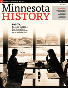 A sepia-tone photo of two people sitting at a table, silhouetted against a wide river and road bridge in the background, with the words "Minnesota History" at top and, in a smaller font below, the text "Fuji-Ya, Second to None"