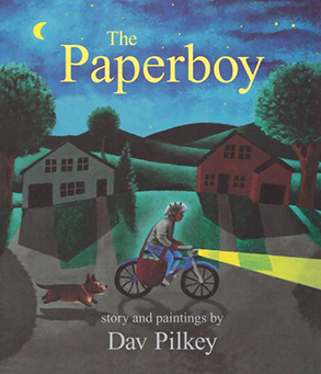Cover of The Paperboy, showing a paperboy riding a bicycle with his dog under the night sky