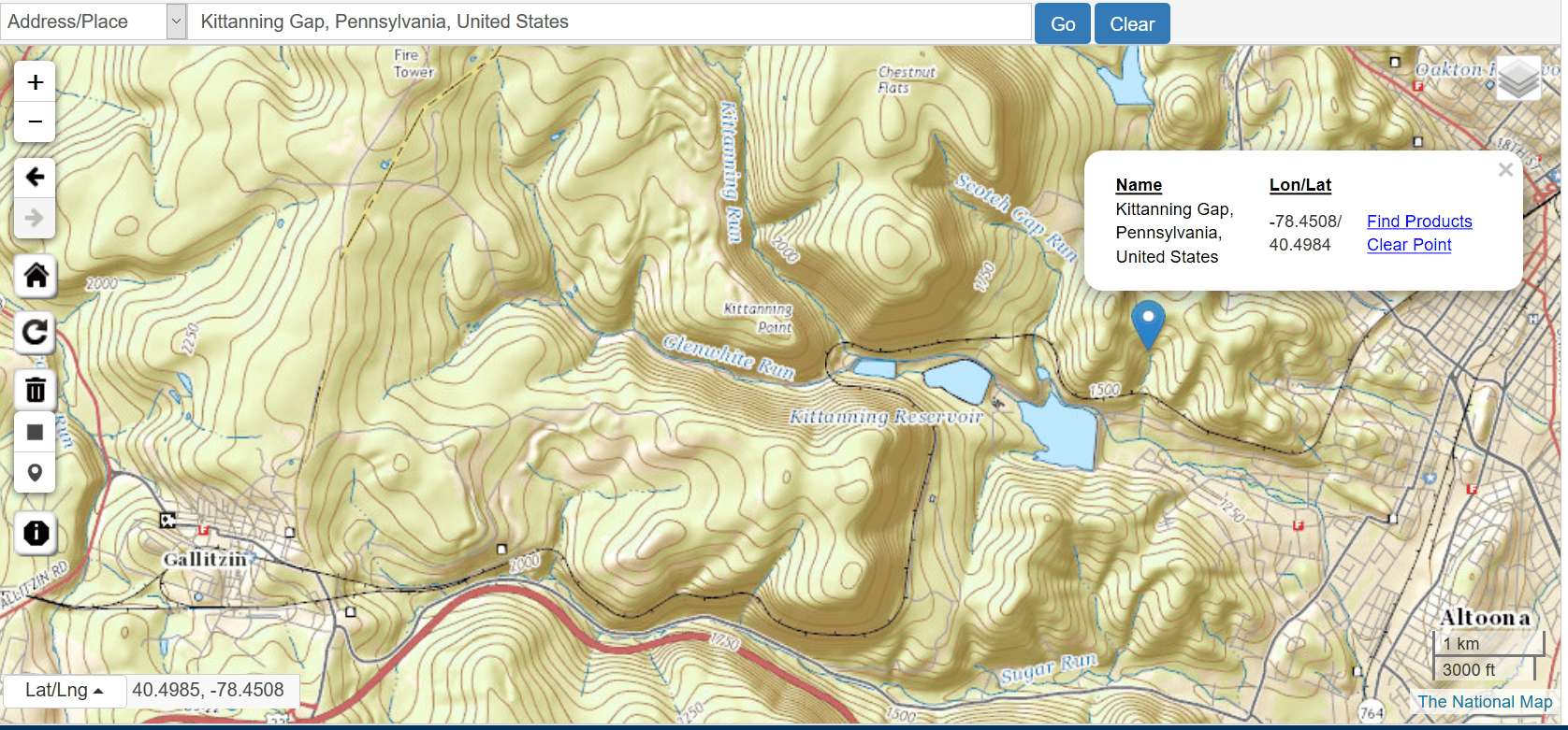 Image USGS overview indicating Kittanning Gap's, Pennsylvania location