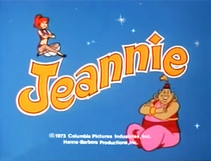 An image of a young woman sitting on a logo reading "Jeannie". A lager man is sitting in the right hand corner of the screen.