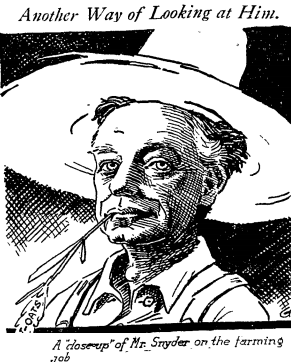 Cartoon of Meredith Pinxton Snyder, Los Angeles, California, mayor, on his ranch