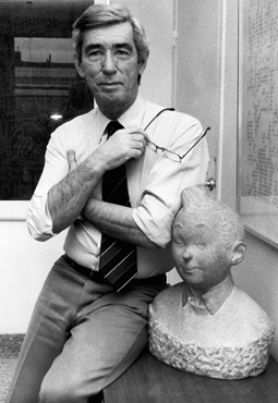 Hergé, with a bust of Tintin and snowy
