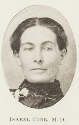a photographic bust-portrait of a dark-haired woman, her hair pulled back and parted in the middle; wearing a dress with flowered collar; and glancing down and to her left