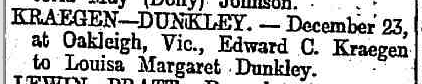 Newspaper clipping of the marriage notice for Edward Kraegen and Louisa Dunkley