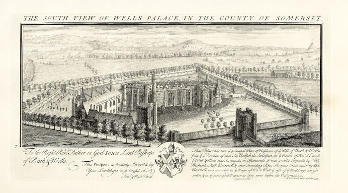 South view of the Bishops Palace, Wells by Buck dates 1733