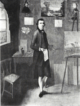Oil painting of a standing man in an artist's workshop