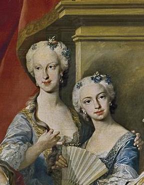 Detail of the 1743 portrait of the Family of Philip V of Spain, (María Teresa Rafaela and María Antonia Fernanda) L M van Loo.jpg