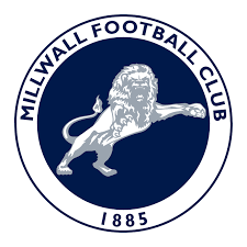 Millwall crest: a blue circle with a white border, in the centre is a white and grey lion, around the border are the words Millwall Football Club and the year 1885 in blue letters.